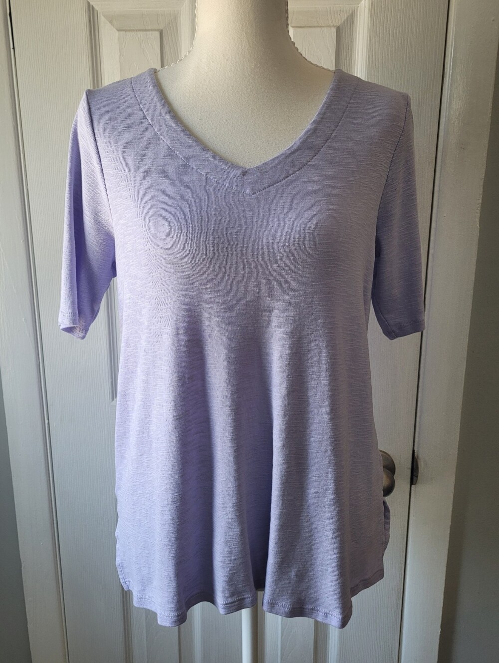 J.Jill Pima Slub V-Neck Elbow Sleeve Tee Lavender Petite Small 100% Cotton